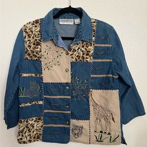 Dress Barn Women's Denim Shirt Jacket M Animal Print Embroidery Safari Patch